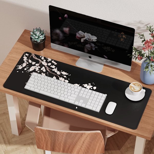 Svart japansk plommonblommor musmatta (31,5 × 11,8 × 0,12 tum) Utökad stor musmatta skrivbordsunderlägg, sydd kant musmatta, halkfri gummibas, Ga Plum Mouse Pad  1 Ink Drawing Mouse Pad  1