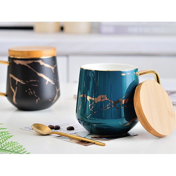 YBK Tech Porcelæn Te Kop Kaffe Kopsæt til Eftermiddagste - Marmor Mønster (Grøn, Høj 400ml + Trælåg) Green, Tall