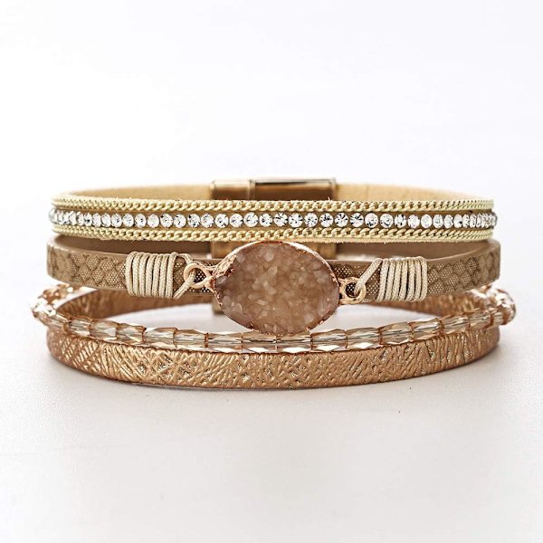 Leopard Armband för Kvinnor, Boho Läder Wrap Flerskikts Pärla Kristall Armband Smycken B17Gold Stone(Short) A7Feather