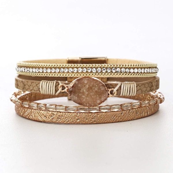 Leopard Armbånd til Kvinder, Boho Læder Wrap Multi-Layer Perle Krystal Armbånd Smykker B17Gold Stone(Short) A7Feather