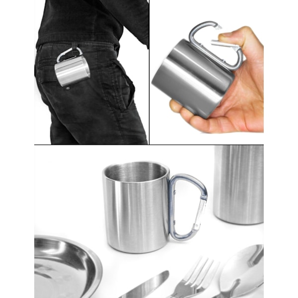 Retkeilymuki, ulkoilumuki, metallimuki, 200 ml, ruuvikiinnitteisellä karabiinilla, ruostumaton teräs, vaellus, retkeily, työ, hopea