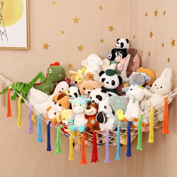 188x145x145cm, Hängmatta för leksaksförvaring för gosedjur, lagrar upp till 80 stuffies, XL leksakshängmatta för nallebjörnar, Macrame Wall Hanging Organizer White