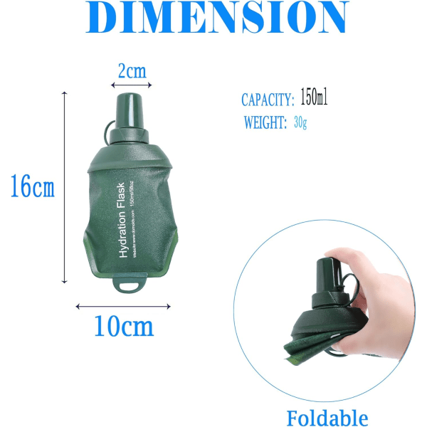 150ML Myk Flask, TPU Foldbar Løpehydreringsflaske, Myk Sammenleggbar Vannflaske for Hydreringspakke Sykling Maraton Løping Fotturer Green 150ml