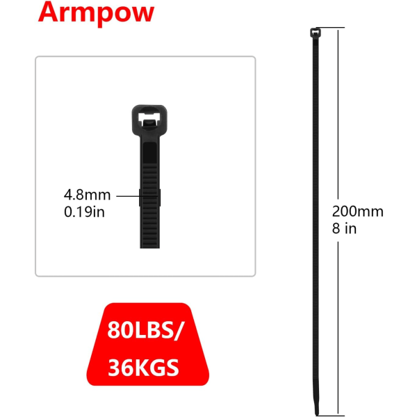 1100 kpl 200 mm x 4,8 mm vetoketjut, kaksipäinen hammastettu 36 kg vetolujuus, musta 1000 kpl + valkoinen 100 kpl, raskaan käytön UV-kestävät kaapelilukot itselukittuvilla Black+white 4.8mmx200mm