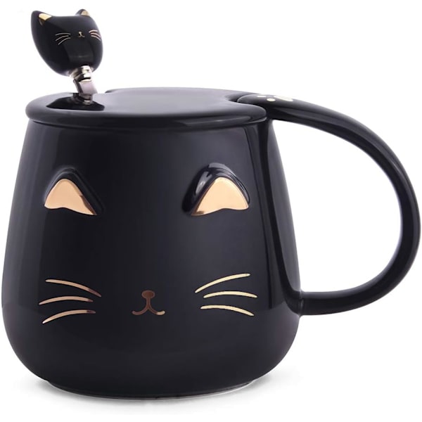 Svart kattmugg, söt kattunge keramisk kaffemugg med rostfritt stål sked, nyhet kaffemugg kopp för kattälskare kvinnor flickor Black