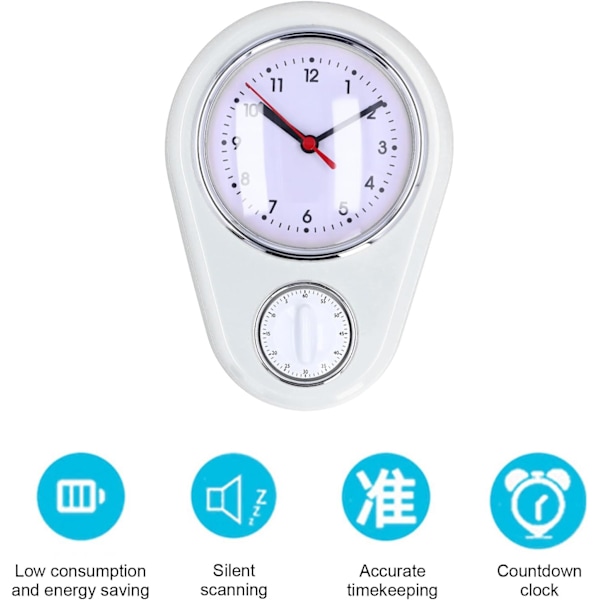 Væg Ur Køkken Timer, 60 Minutters Visuel Nedtællingstimer, Lydløs Drift, Nem at Læse, Retro Køkken Væg Ur, Visuel Timer, Hjem Køkken T White