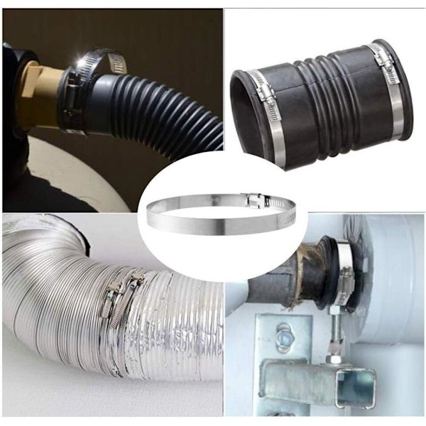 Pakkaus, jossa 2 säädettävää 141-165mm tai 118-140mm tai 91-114mm, 304 ruostumattomasta teräksestä valmistettua putkipuristinta, turvallinen letkunkiristin, inline-kanavapuhallin, liesituuletin 141-165mm