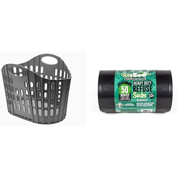 Flat Easy Store Vaskeromskurv, Mørk Grå, 38 Liter & Eco Bag 50 Tunge Søppelposer, Svart, 1x Dark Grey 38 Litre