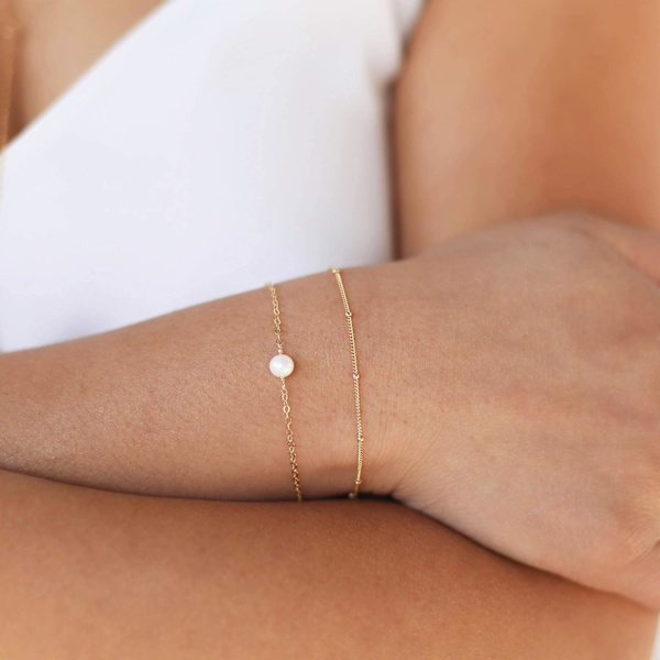 Armbånd til kvinder 14K forgyldt fin kæde simpelt smykke sødt til piger 2 Layer  1 Pearl +Satellite Chain 2 Layer Satellite Chain