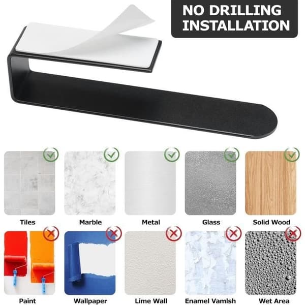 Håndklædeholder - Sort - Aluminium - 20 cm - Montering uden boring - Moderne design