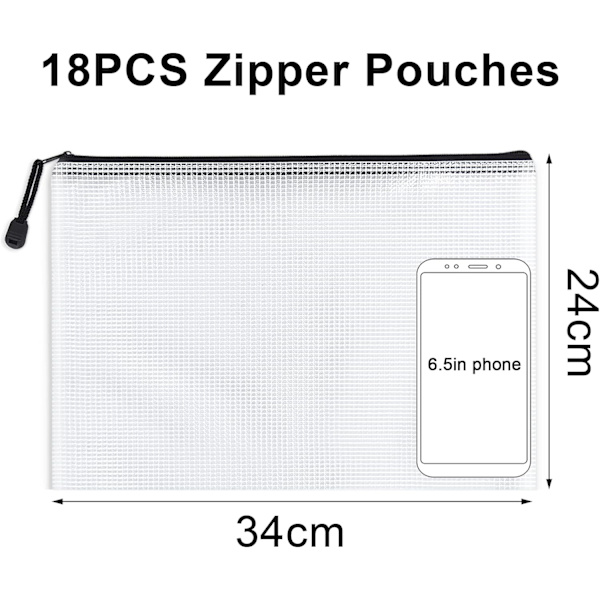 A4 Plast Zip-mapper - 18 stk. lynlås-filposer Mesh Zip Lock Dokumentpungholder Rejseopbevaringspose til kontorartikler og rejsetilbehør Black  18 PCS A4
