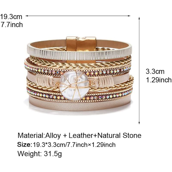 Leopard Armband för Kvinnor, Boho Läder Wrap Flerskikts Pärla Kristall Armband Smycken B12Round Pearl(Gold) A7Feather