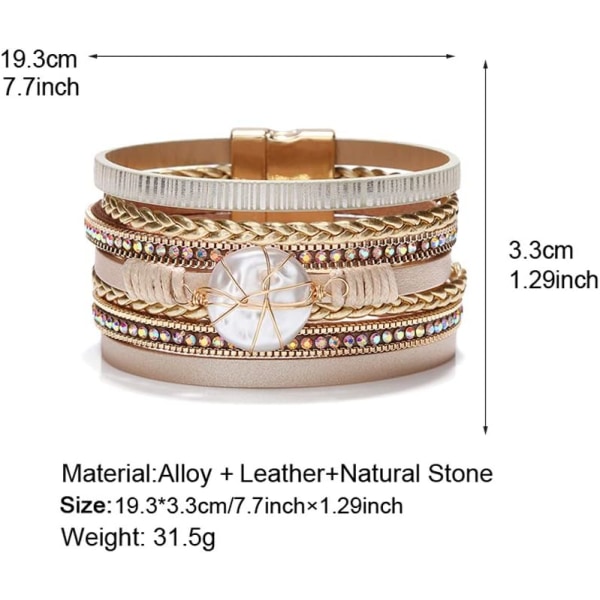Leopardarmband för kvinnor, Boho Läderomslag Flerlagers pärlor Kristallarmband Armband Smycken B12Round Pearl(Gold) A7Feather