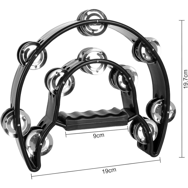 2ST svart dubbel halvmånstamburin, handslagverk utskuren tamburin med dubbelrads metalljinglar & ergonomiskt handtag, musikinstrument för Black