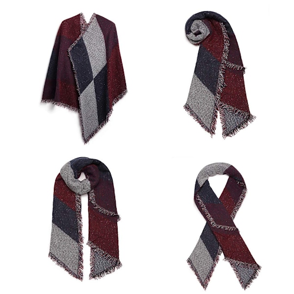 Sjal til Kvinder Vinter Lang Blød Varmt Tjekket Sjal Wraps Uld Spinding Kvast Stor Shawl Lang Stole Red