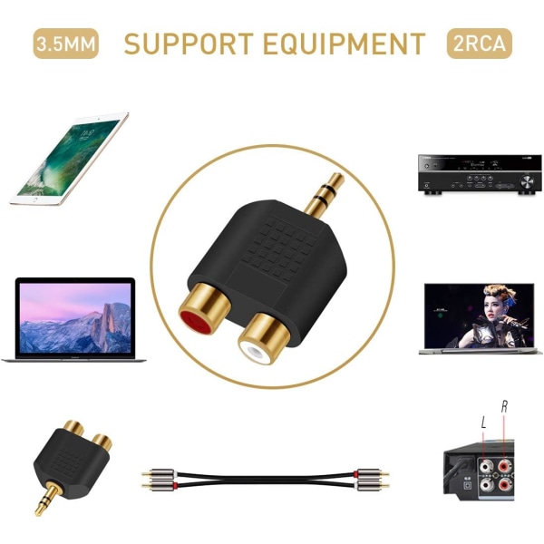 3,5 mm til RCA Splitter Adapter Gullbelagt 3,5 mm Hann Stereo til 2 RCA Hunn Jack Y Plugg Audio Konverter (2 Pakk)