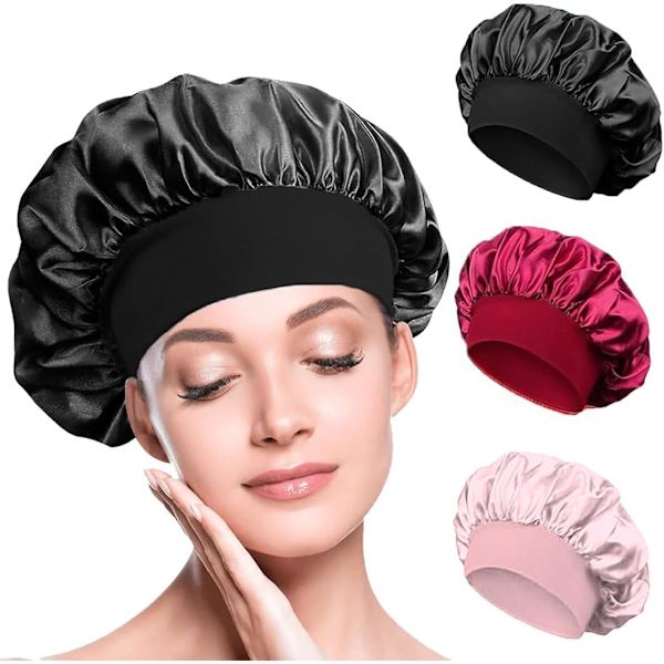 3 kappaletta satiinimyssyä, hiusmyssy nukkumiseen, yöhiusmyssyt leveällä joustavalla nauhalla, silkkinen myssy sopii pitkille ja kiharille hiuksille Red, Black & Pink