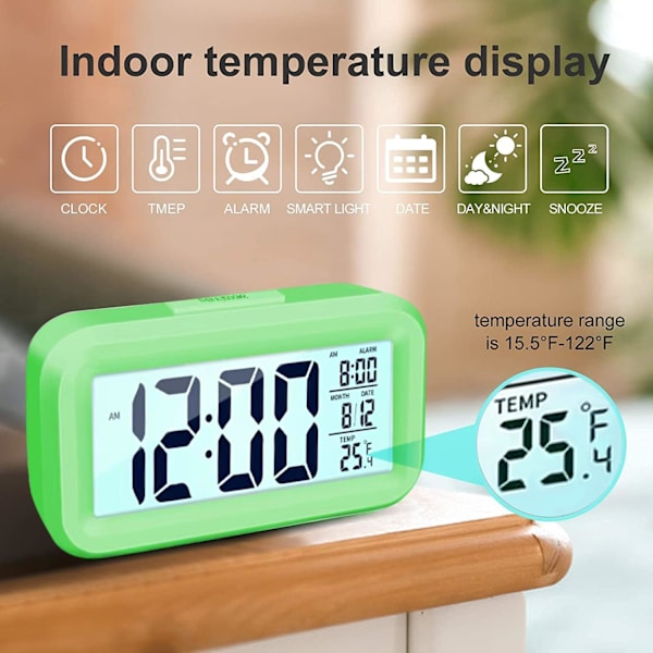 Uppgraderad Digital Väckarklocka, 4,3\" LED-Display med Temperatur Större Ljudstyrka Ljuskontroll Bärbar Snooze Kalender Ljusstyrka med Batteridrift Green