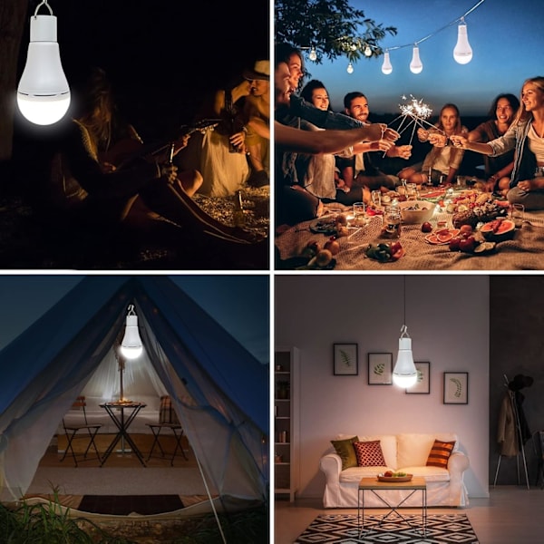 4-pak bærbar nød-LED-pære, Afoskce USB-oppladbar campinglampe med fjernkontroll, 5 lysmoduser, med krok, 1500mAh smart lyspære White7W4Pack