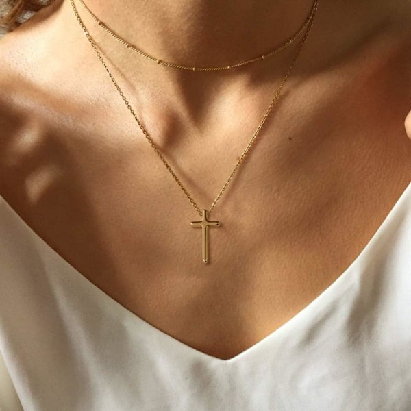 Fint Lagdelt Choker Halskæde, Håndlavet 14K Guldbelagt Y Vedhæng Halskæde Multilayer Bar Disc Halskæde Justerbar Lagdeling Choker Halskæder til Kvinder 3PCS  Twist chain&Beads Chain&Cross 3PCS  Chain&Bar&Hammered Disc