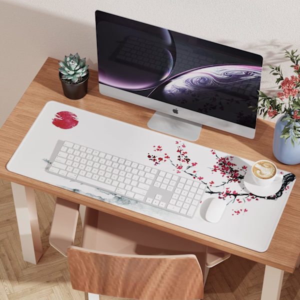 Japansk körsbärsblomma vit musmatta (31,5 × 11,8 × 0,12 tum) Utökad stor musmatta skrivbordsunderlägg, sydd kant musmatta, halkfri gummibas, Japan Mouse Pad  1 Ink Drawing Mouse Pad  1