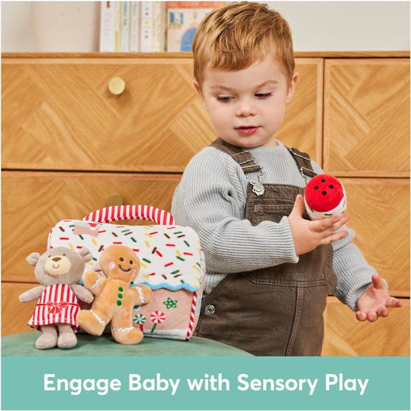 Baby Play Soft Collection, Minun Ensimmäinen Piparkakkutalo 5-osainen Leikkiseti Ratinan, Piipon ja Rypistyspehmolelujen kanssa, Aistipeli Vauvoille, 7.5u2 Gingerbread House