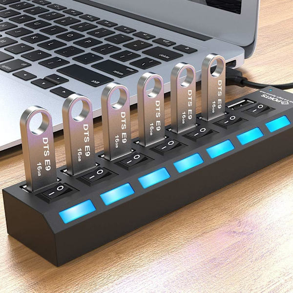 Multi-port USB-splitter, 7-ports USB 2.0 Hub USB-dataadapter med tænd/sluk-knapper til individuelle LED'er, kompatibel med Macbook, Mac Pro/mini, iMac, Note Black USB 2.0