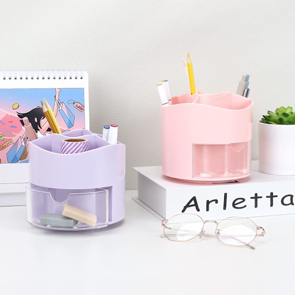 Roterende Penneholder, 4 Rum Pennepot - Skrivebordsopbevaring til Kontorartikler, Makeup Børster Holder til Hjem og Kontor, Pennearrangør Skrivebord Pink