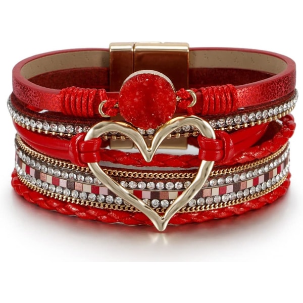 Leopardarmband för kvinnor, Boho läderomslag flerskikts pärla kristallarmband armband smycken B32:Heart Leather(Red) A7Feather