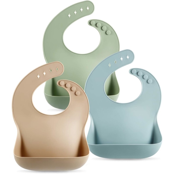 3 pakke tykke silikonsmekker for babyer og småbarn (10-72 måneder)| Vanntette babysmekker justerbar med bred matfangerlomme, myk, Brown/Blue/Green