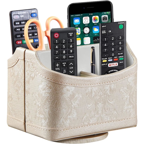 PU Læder 360° Roterbar Fjernbetjening Holder, Natbord TV Fjernbetjening Caddy, Kontorartikler Skrivebordsarrangør, Drejelig Opbevaringsboks til Pen, Post, Telefon, D Embroidery Flower
