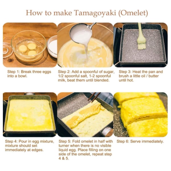 Tamagoyaki omelettpanne, ikke-klebende japansk tamagoyakipanne med håndtak brun，Med silikonspatel ,z