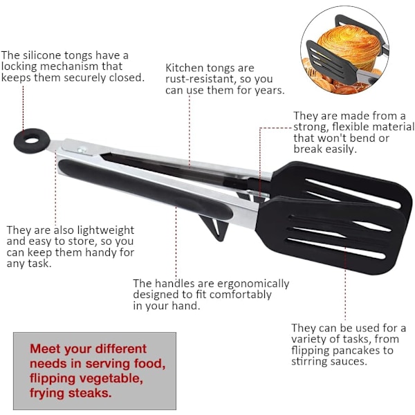 Kjøkkentenger med hvileanordning, 9 tommers silikonspatel, rustfritt stål non-stick grunnleggende matlagingstenger, egnet for baking, steking, servering Black2pcs(26cm)