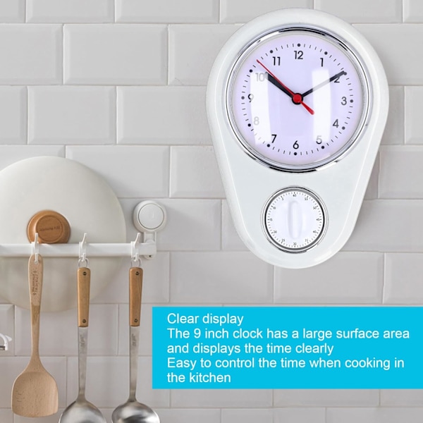 Væg Ur Køkken Timer, 60 Minutters Visuel Nedtællingstimer, Lydløs Drift, Nem at Læse, Retro Køkken Væg Ur, Visuel Timer, Hjem Køkken T White