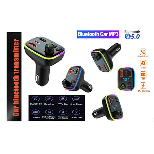 Auton FM-lähetin Bluetooth-audiosovitin Musiikkisoitin PD-laturilla Kaksi USB-porttia