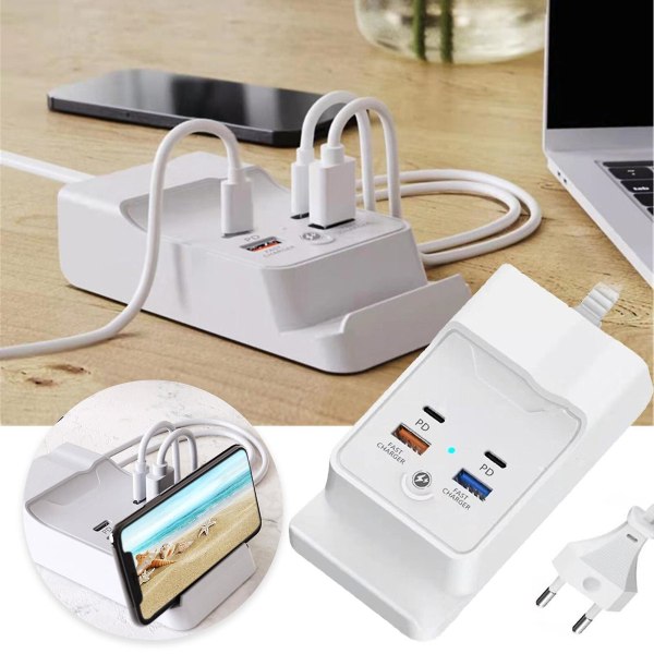 4-porters USB-lader 20W hurtigladingssenter med telefonholder for flere enheter