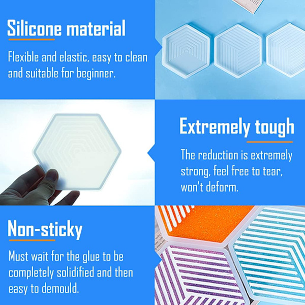 3-pak geometriske striber form underlag harpiks forme sekskant silikone forme epoxyharpiks støbning krystal agat bakke harpiks forme kopmåtte til DIY håndværk Ho