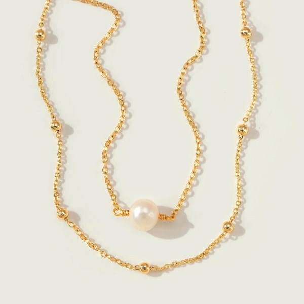 Armbånd for kvinner 14K gullbelagt kjede enkelt smykke søtt for jenter 2 Layer  1 Pearl + Bead Chain 2 Layer Satellite Chain