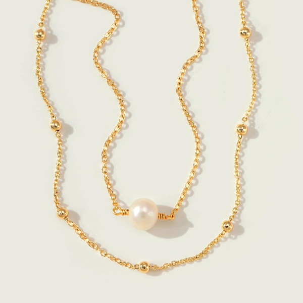 Armbånd til kvinder 14K guldbelagt fin kæde simpelt smykke sødt til piger 2 Layer  1 Pearl + Bead Chain 2 Layer Satellite Chain