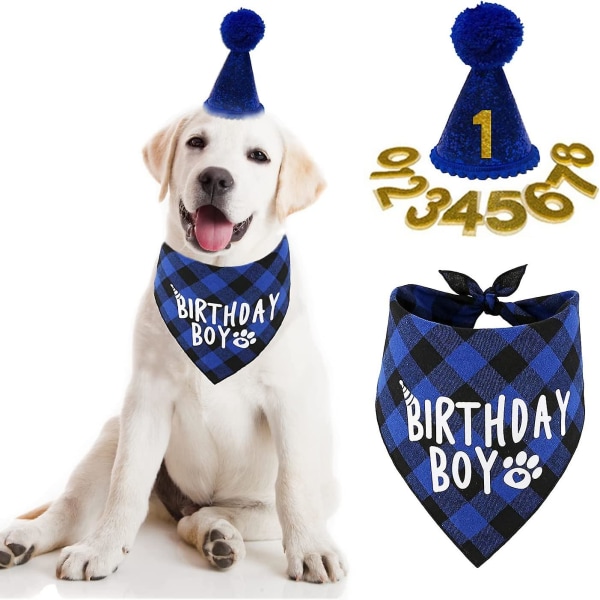 Hundefødselsdagsfestartikler, drengehundefødselsdagsbandanatørklæde og hundefødselsdagshat med nummer
