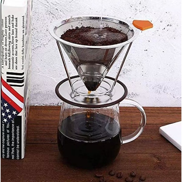 Rustfritt stål gjenbrukbar hell over kaffedrippfilter espressodripper mesh kjegle kaffedripper med stativ (1 stk, sølv)