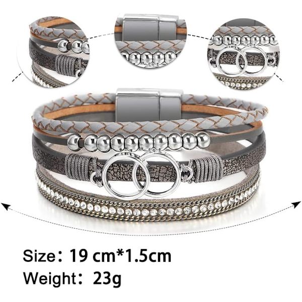 Leopardarmbånd for kvinner, Boho lær innpakning flerlags perle krystall armbånd bangle smykker B37:Double Circle(Gray) A7Feather