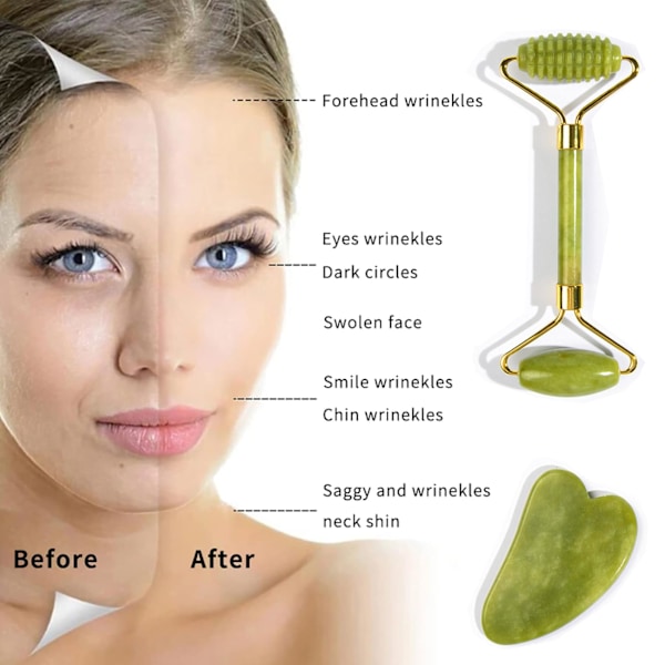 Jade Roller & Gua Sha, kasvojen kauneusrulla ihonhoitotyökalut, hierontalaite kasvoille, silmille, kaulalle, vartalolle lihasten rentouttamiseen ja juonteiden ja ryppyjen lievittämiseen