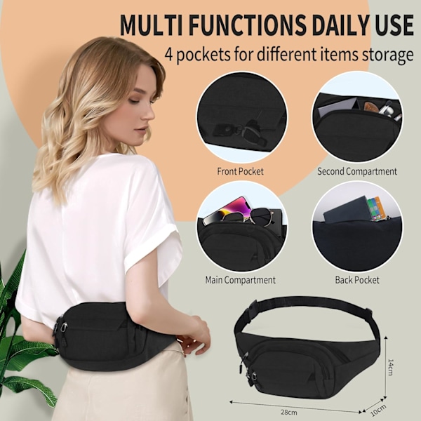 Bum Bag Hoftevesker for Kvinner Menn, Reise Fanny Pack for Damer Bumbags Hoftepakke for Løping Gåing, Vanntett Bum Bags Crossbody Justerbar Lig Black