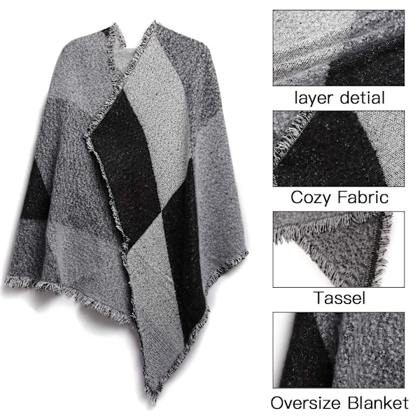 Sjal för Kvinnor Vinter Lång Mjuk Varm Rutiga Sjal Wraps Ull Spinnande Tofs Stor Sjal Lång Stole Black