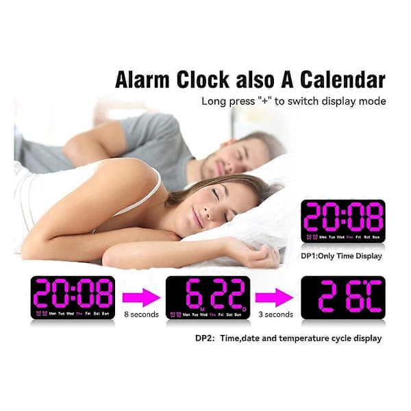 Stor digital väggklocka, 24 cm, LED väckarklocka med stora siffror, för vardagsrum sovrum klassrum inredning lila
