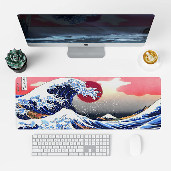 Japan Art Kanagawa Surfing Musmatta (31,5 × 11,8 × 0,12 tum) Utökad Stor Musmatta Skrivbordsunderlägg, Sydd Kant Musmatta, Halkskyddad Gummibas, Keyboa Ocean Wave Mouse Pad  3 Ink Drawing Mouse Pad  1
