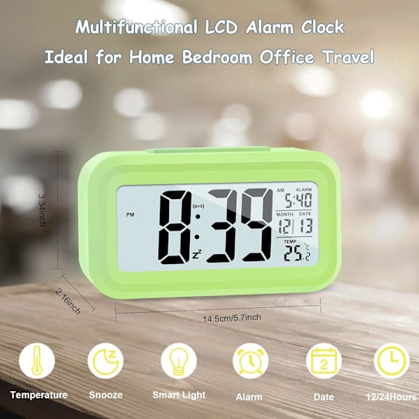 Uppgraderad Digital Väckarklocka, 4,3\" LED-Display med Temperatur Större Ljudstyrka Ljuskontroll Bärbar Snooze Kalender Ljusstyrka med Batteridrift Green