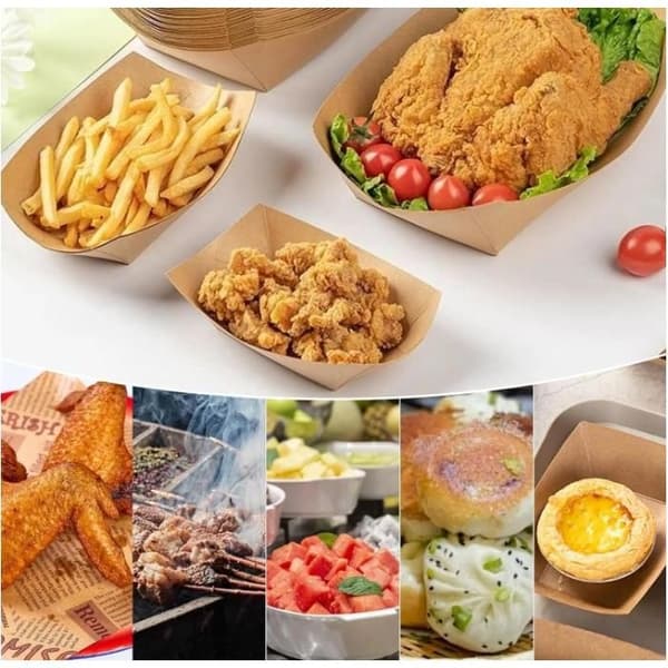 100 stycken matbrickor i kraftpapper, engångsbrickor för pommes frites, båtformade engångsbehållare för snacks och såser
