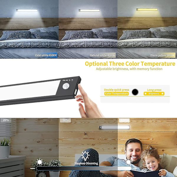 Led-skaplys med bevegelsessensor, 12 tommer dimbart oppladbart Led-lys under kjøkkenskap, magnetisk trådløs belysning under disk for kontor